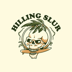 Vintage surfing adventure skull biting the wave with palm trees on the beach Vector Illustration