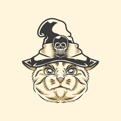 Vector illustration of a cat wearing a witch's hat with a vintage aesthetic