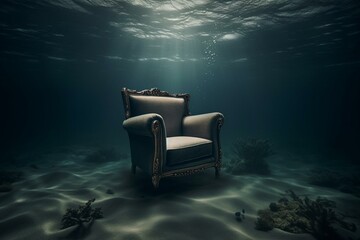 An armchair submerged in water symbolizing psychological introspection, solitude, deep thoughts, surrealism. It serves as a secure haven for contemplation and diving into one's inner. Generative AI