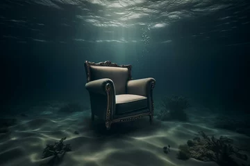 Fototapeten An armchair submerged in water symbolizing psychological introspection, solitude, deep thoughts, surrealism. It serves as a secure haven for contemplation and diving into one's inner. Generative AI © Juno