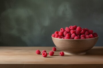 A bowl of raspberries on a table beside a frame and wall. Generative AI