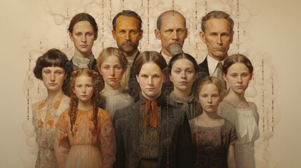 Family tree concept DNA genes, relatives and ancestors as clan, ancestors dynasty. Portraits like family history retro vintage time