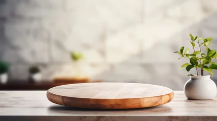 Fotobehang Round wooden board sits empty on a white stone kitchen countertop © vectorizer88