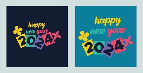 Obraz na płótnie Canvas Happy New Year 2024 with colorful Minimalistic trendy design. Happy New Year 2024 square template. greeting background designs, New Year, and social media promotional content. Vector illustration