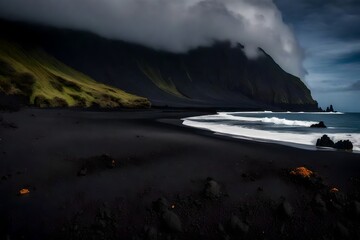 a volcanic beach covered in black sand and dramatic cliffs