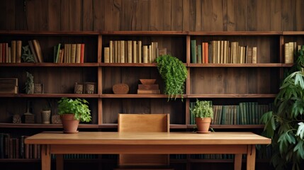 Rustic wooden table takes center stage, with a backdrop of towering bookshelves