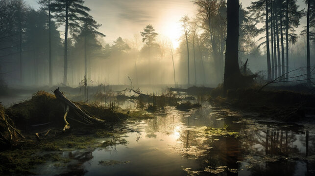 misty morning in forest swamp Generative AI