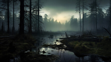 Fototapeta na wymiar misty morning in forest swamp Generative AI