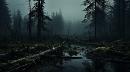 misty morning in forest swamp Generative AI - obrazy, fototapety, plakaty