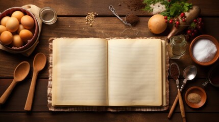 An old-fashioned recipe book lies open, surrounded by classic kitchen utensils