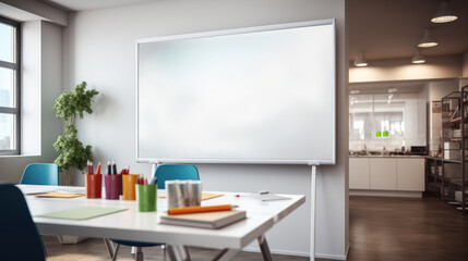 Pristine whiteboard, adorned with colorful markers, stands ready to capture brilliant ideas in a modern office
