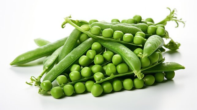Vibrant green peas, freshly harvested, pop against a pristine white background