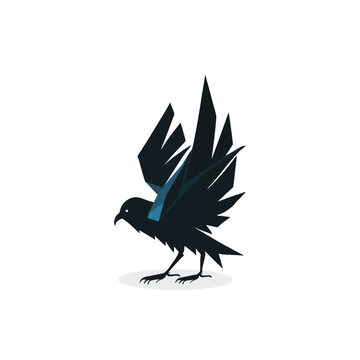 geometric low poly, geometric flying crow bird vector, black and white isolated for logo.