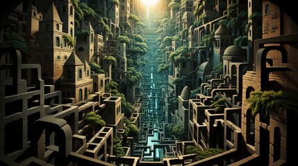 A sprawling metropolis teeming with towering buildings and a maze of streets, captured in a single...