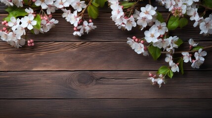 As spring awakens, blooming branches lay delicately against a rustic wooden backdrop