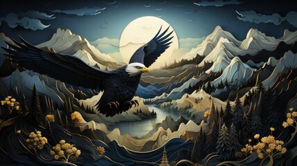 An anime-inspired painting captures the majestic grace of a soaring eagle as it glides above a tranquil river, its fierce gaze reflecting the untamed beauty of nature