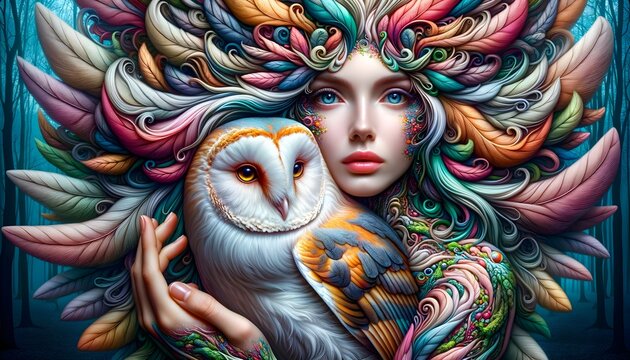 Close-up of a maiden and owl, intertwined in surreal harmony. Her hair mimics wings, blending with the owl's vivid plumage, both set against a crystalline forest, embodying dreamy artistic brilliance.