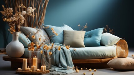 A cozy indoor loveseat adorned with vibrant flowers, surrounded by flickering candles and plush cushions, nestled against a textured wall, creating a tranquil and inviting atmosphere