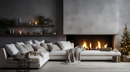 White sofa with Christmas pillows and concrete wall with fireplace. Scandinavian style interior design of modern living room
