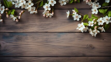 Fototapeta na wymiar As spring awakens, blooming branches lay delicately against a rustic wooden backdrop
