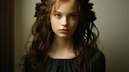 Fototapeta premium A fierce and elegant lady, with her long brown hair cascading down her neck, gazes intensely at the camera, her bold lipstick and perfectly groomed eyebrows enhancing her flawless skin