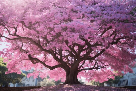 Tree adorned with pink flowers. Generative AI