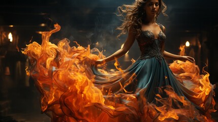 A fiery dancer embraces her inner passion as she moves gracefully in a burning dress, igniting a...