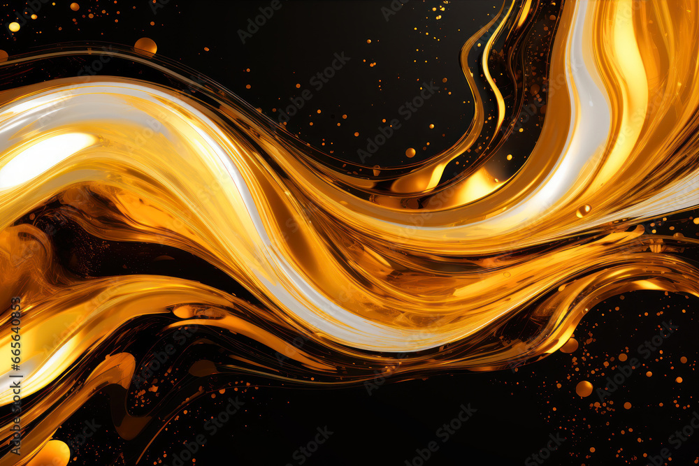 Poster golden metallic background with waves and bokeh.