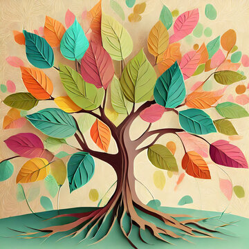 Colorful tree with multicolor leaves on hanging branches. Illustration background. 3D abstraction wallpaper. Square image.