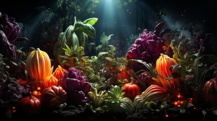 Obraz na płótnie Canvas A vibrant underwater garden glows with life as the shimmering light of an aquarium reef illuminates a diverse collection of blooming flowers and thriving plants