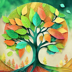 Colorful tree with multicolor leaves on hanging branches. Illustration background. 3D abstraction wallpaper. Square image.