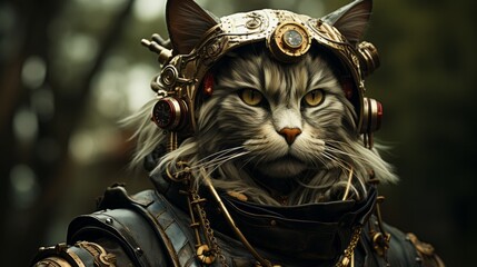 A majestic feline donning a steampunk ensemble, ready to conquer the great outdoors with its fierce and futuristic flair