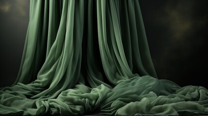 The emerald fabric cascades against the midnight backdrop, enclosing the space with a mystical aura of secrecy and elegance
