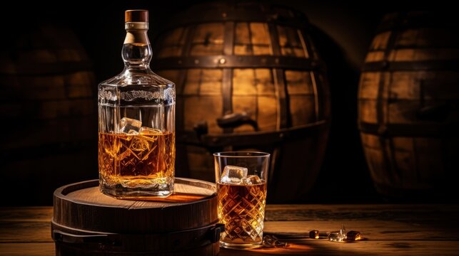 Bottle and glass of amber whiskey stand elegantly next to a rustic barrel