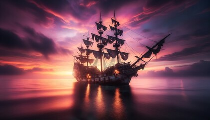 Pirate Ship on Horizon at Sunset