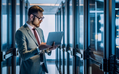 Fototapeta premium A suited professional stands confidently before a server, symbolizing the intersection of corporate expertise and technological infrastructure
