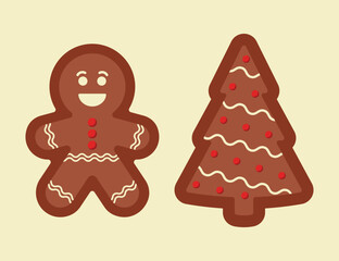 vector flat design gingerbread man and christmas tree cookies