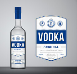 Vector blue and white vodka label template. Vodka glass bottle mockup with label