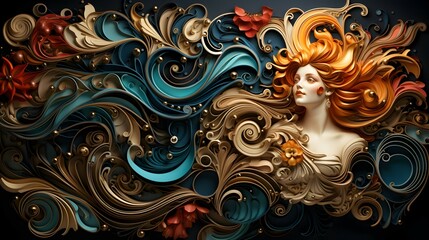 abstract woman and wave with renaissance style background - obrazy, fototapety, plakaty