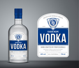 Vector blue and white vodka label template. Vodka glass bottle mockup with label. Distilling business design elements