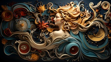 abstract woman and wave with renaissance style background