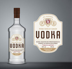 Vector vodka label template. Vodka glass bottle mockup. Distilling business branding and identity design elements