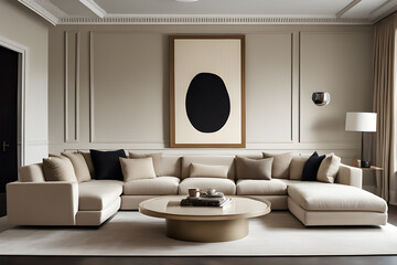Beige-toned modern interior with a large sofa and stylish picture frames. Generative AI