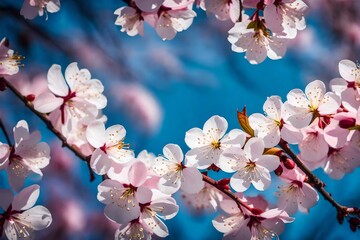 Ethereal beauty of cherry blossoms in full bloom, with a close-up shot of delicate pink petals against a clear blue sky.