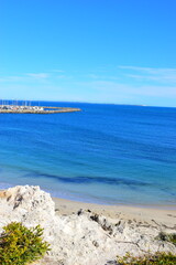 The sea and beach at Cottesloe Beach Western Australia. September 2022. Beautiful golden sand and beautiful blue skies and turquoise waters. 