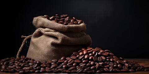 Obraz premium Aroma of morning. Freshly roasted coffee beans with bag for drink. Sipping perfection. Dark roast. Food delight. Espresso in making