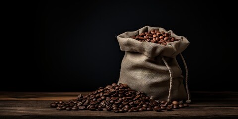 Aroma of morning. Freshly roasted coffee beans with bag for drink. Sipping perfection. Dark roast. Food delight. Espresso in making