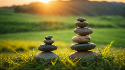 zen stones in nature, outdoors in the mountains, concept of spiritual balance and abundance
 - obrazy, fototapety, plakaty