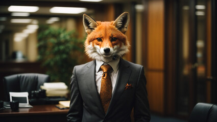 Elegant smart looking lawyer fox in business suit in legal firm office, generative ai illustration - obrazy, fototapety, plakaty