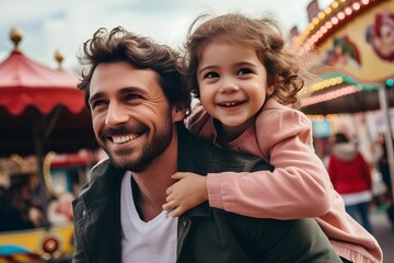 Fototapeta premium Happy sIngle father and his daughter having fun together at a amusement park